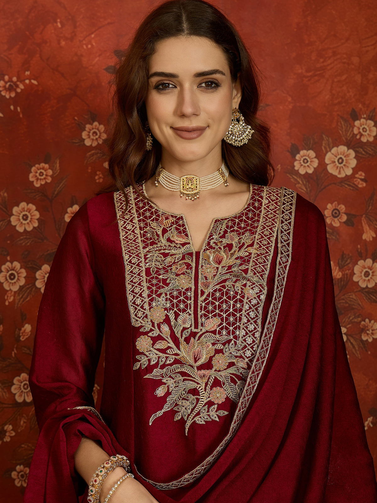 Maroon Silk Embroidered Palazzo Suit (Readymade)