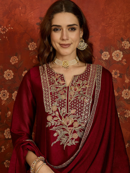 Maroon Silk Embroidered Palazzo Suit (Readymade)