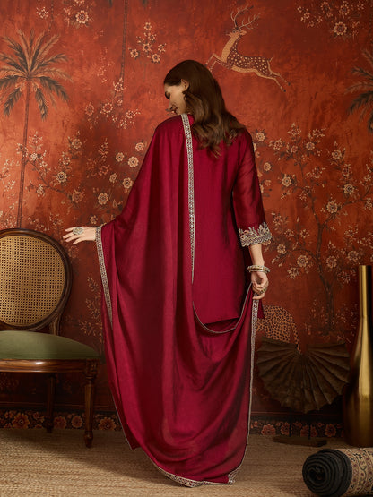 Maroon Silk Embroidered Palazzo Suit (Readymade)