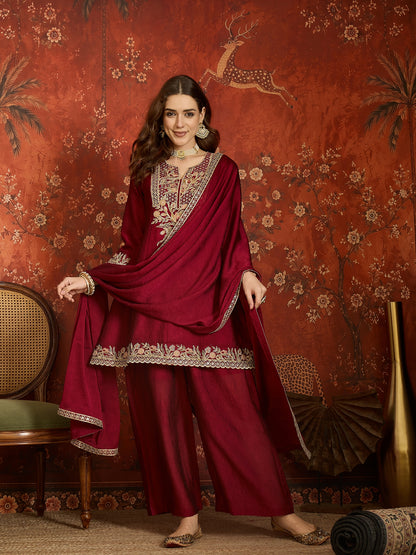 Maroon Silk Embroidered Palazzo Suit (Readymade)