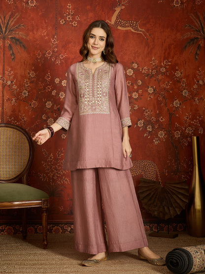 Mauve Silk Embroidered Palazzo Suit (Readymade)