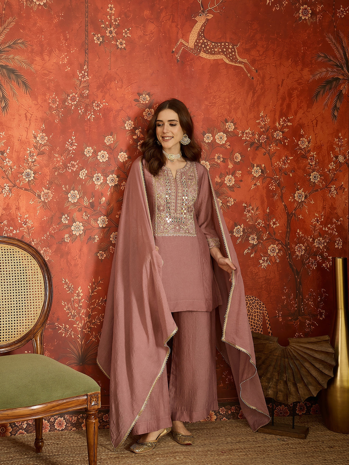 Mauve Silk Embroidered Palazzo Suit (Readymade)
