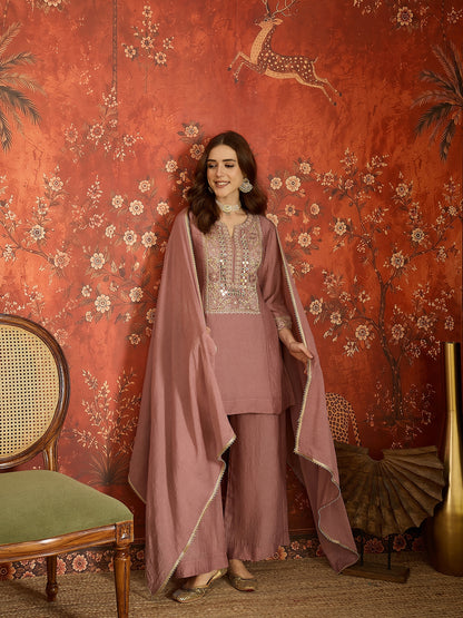 Mauve Silk Embroidered Palazzo Suit (Readymade)