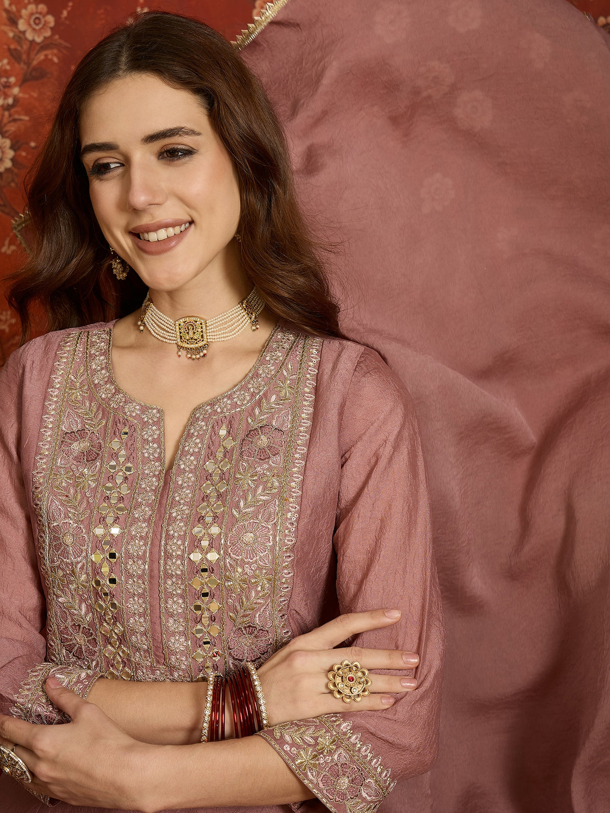 Mauve Silk Embroidered Palazzo Suit (Readymade)