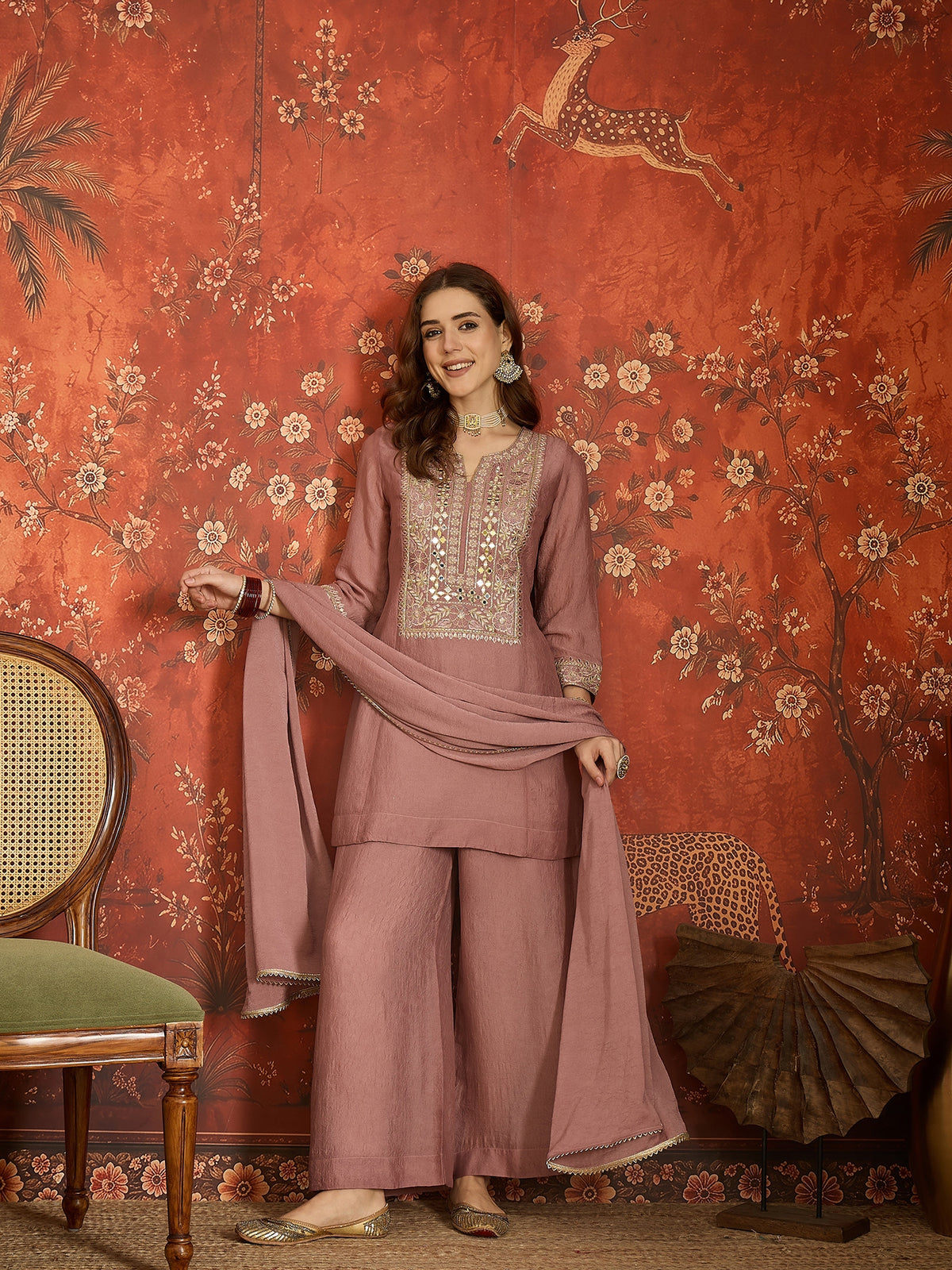 Mauve Silk Embroidered Palazzo Suit (Readymade)