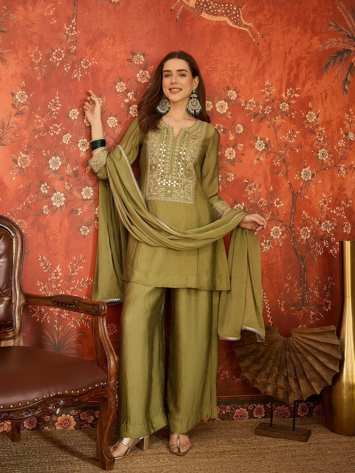 Olive Green Silk Embroidered Palazzo Suit (Readymade)