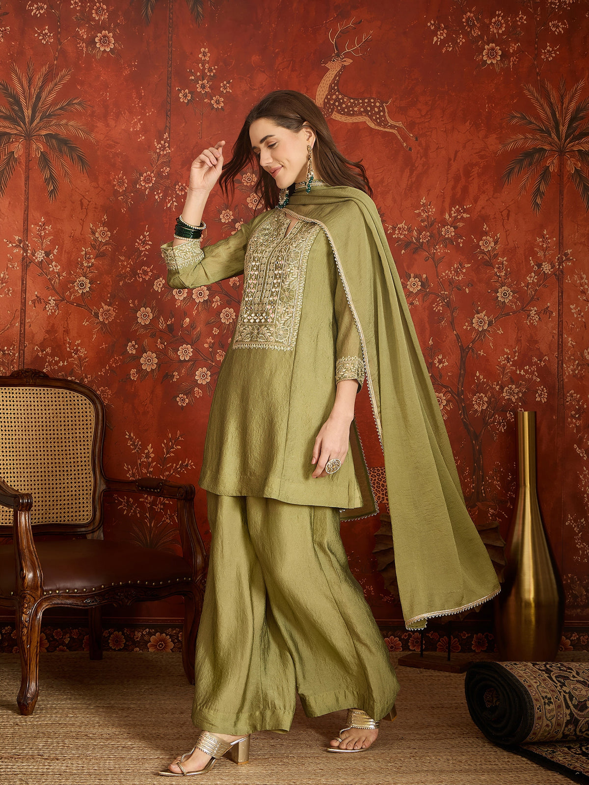 Olive Green Silk Embroidered Palazzo Suit (Readymade)