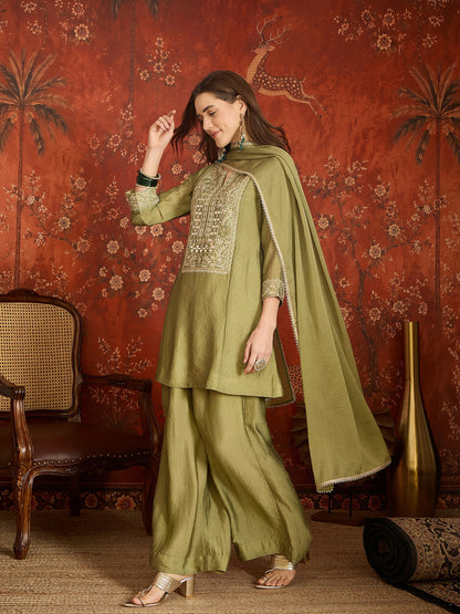 Olive Green Silk Embroidered Palazzo Suit (Readymade)