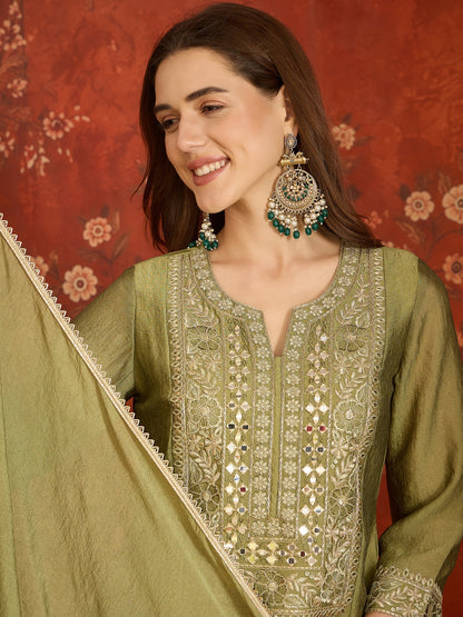 Olive Green Silk Embroidered Palazzo Suit (Readymade)