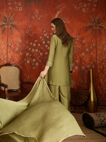 Olive Green Silk Embroidered Palazzo Suit (Readymade)
