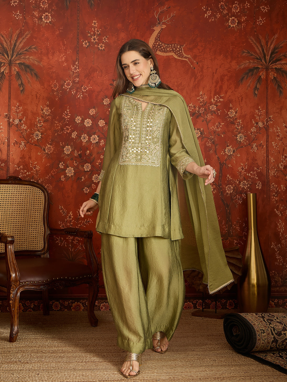 Olive Green Silk Embroidered Palazzo Suit (Readymade)