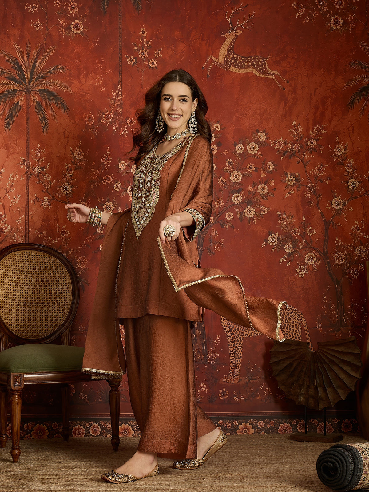 Brown Silk Embroidered Palazzo Suit (Readymade)