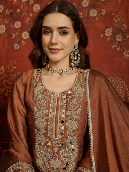 Brown Silk Embroidered Palazzo Suit (Readymade)