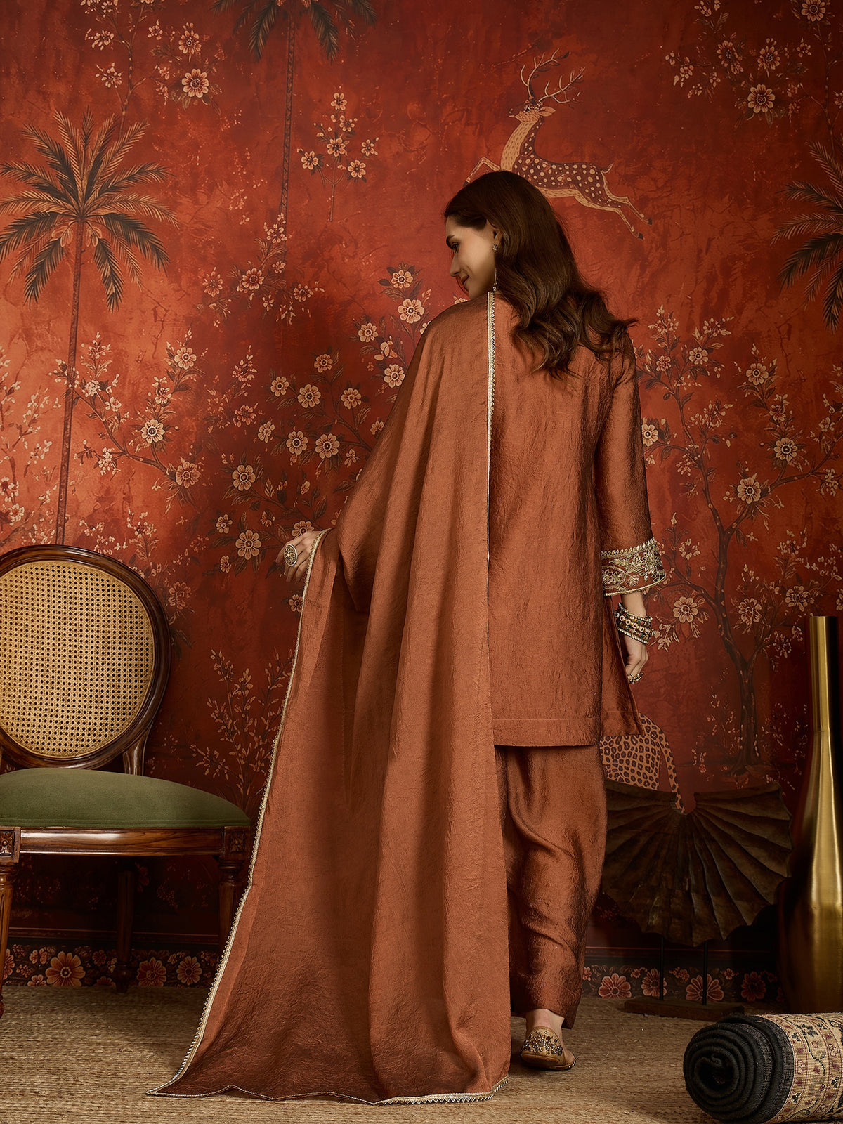 Brown Silk Embroidered Palazzo Suit (Readymade)