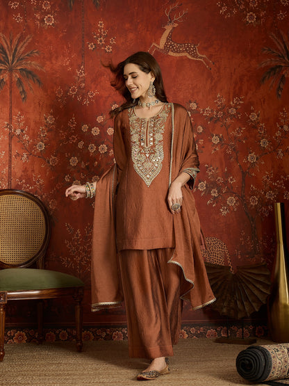 Brown Silk Embroidered Palazzo Suit (Readymade)