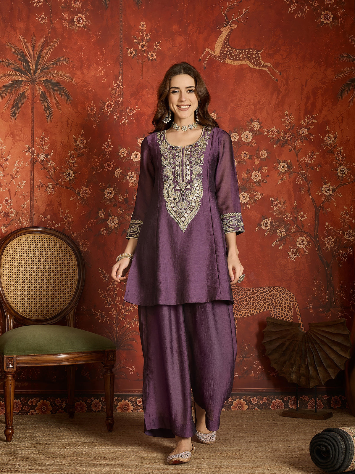 Purple Silk Embroidered Palazzo Suit (Readymade)