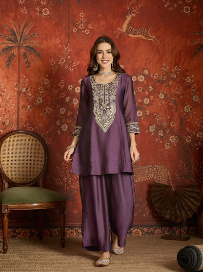 Purple Silk Embroidered Palazzo Suit (Readymade)