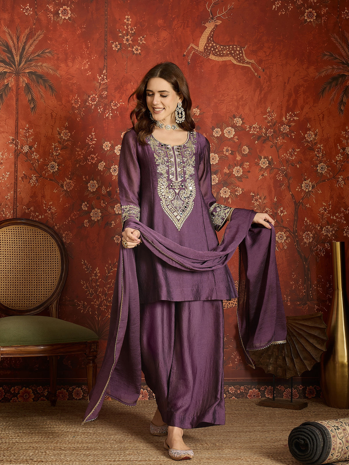 Purple Silk Embroidered Palazzo Suit (Readymade)