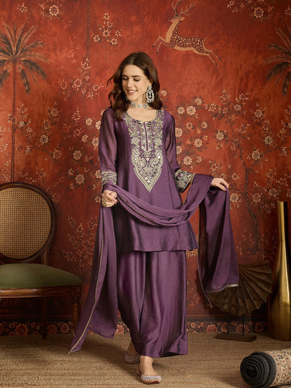 Purple Silk Embroidered Palazzo Suit (Readymade)