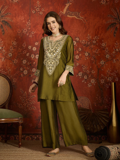 Dark Olive Green Silk Embroidered Palazzo Suit (Readymade)