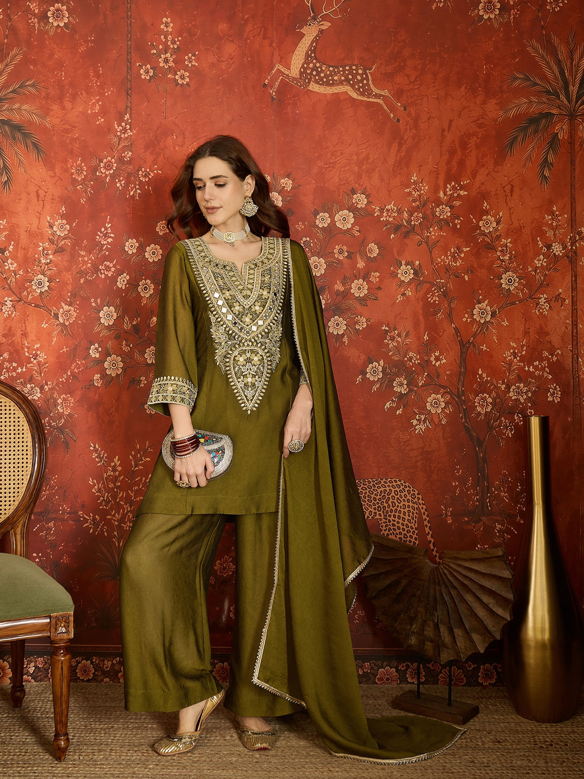 Dark Olive Green Silk Embroidered Palazzo Suit (Readymade)