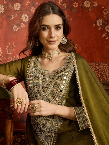 Dark Olive Green Silk Embroidered Palazzo Suit (Readymade)