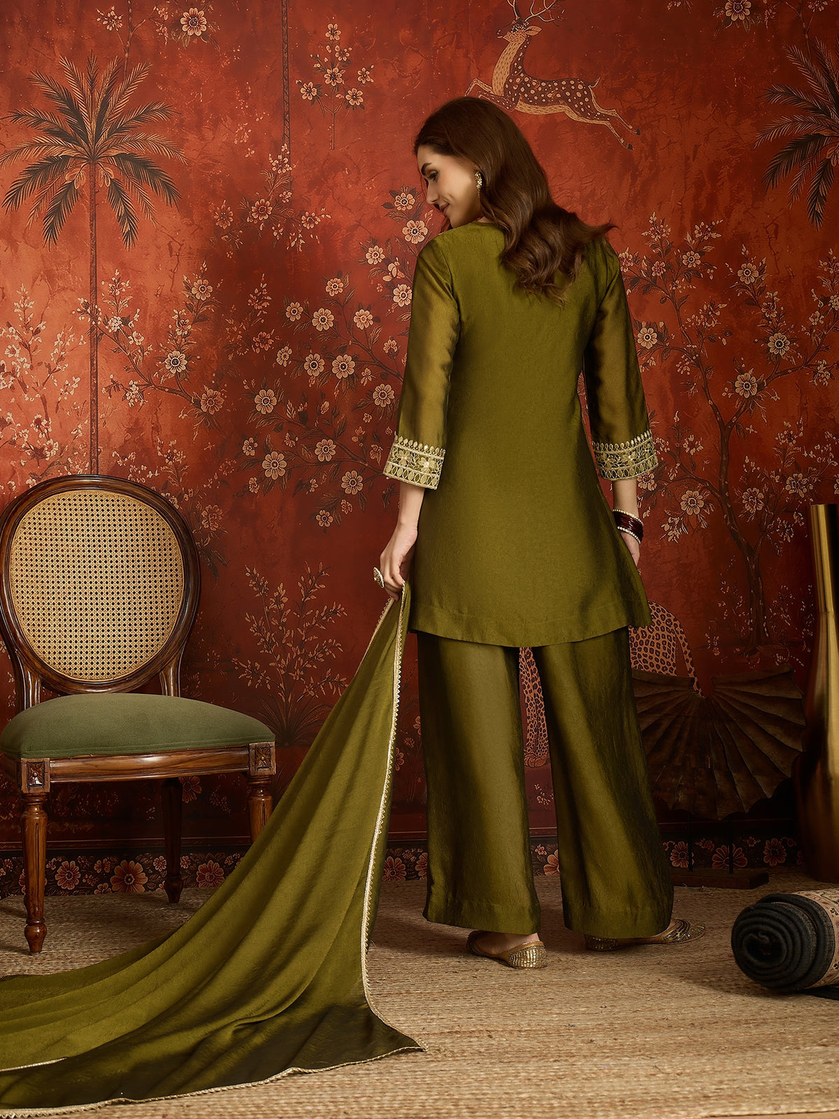 Dark Olive Green Silk Embroidered Palazzo Suit (Readymade)