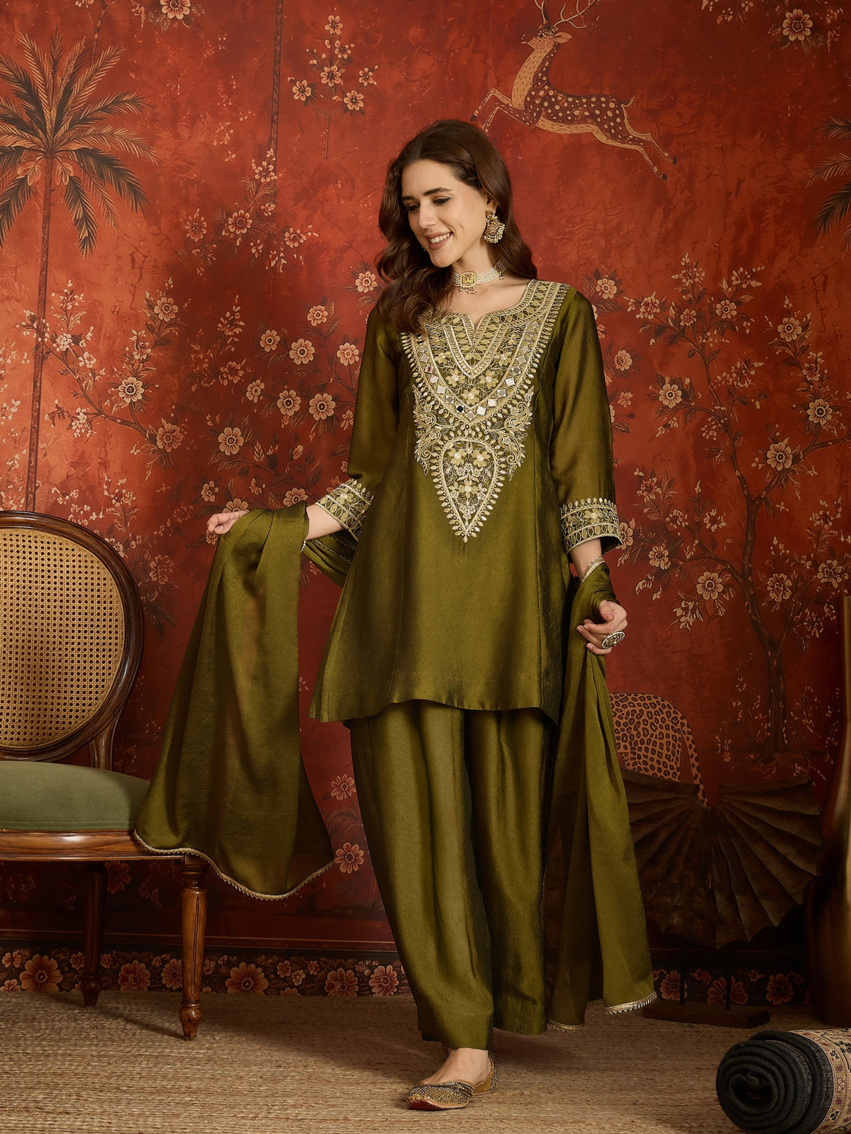 Dark Olive Green Silk Embroidered Palazzo Suit (Readymade)