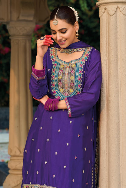 Purple Chinon Embroidered Palazzo Suit (Free Size Stitched)