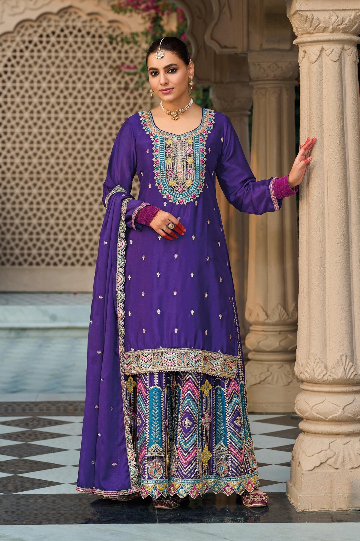 Purple Chinon Embroidered Palazzo Suit (Free Size Stitched)