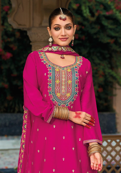 Pink Chinon Embroidered Palazzo Suit (Free Size Stitched)