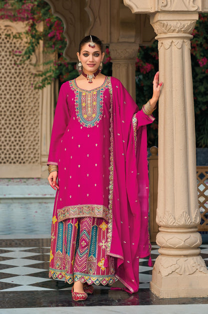 Pink Chinon Embroidered Palazzo Suit (Free Size Stitched)