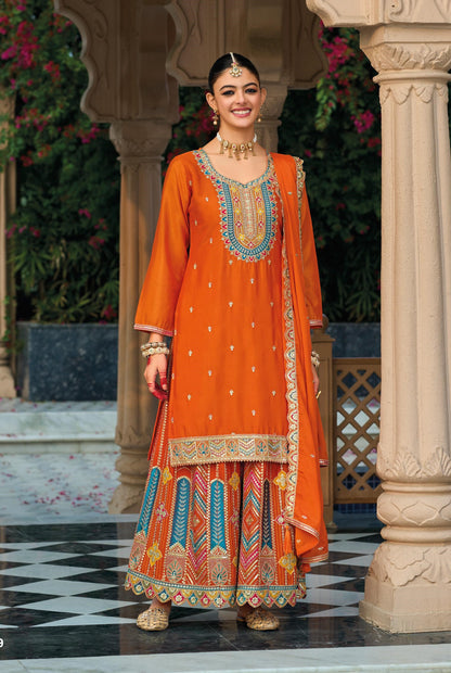 Orange Chinon Embroidered Palazzo Suit (Free Size Stitched)
