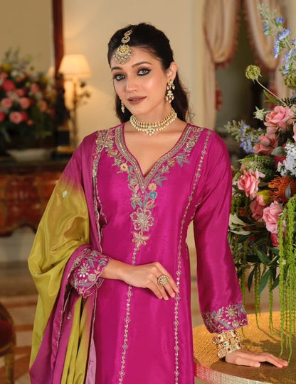 Dark Pink Chinon Embroidered Palazzo Suit (Free Size Stitched)