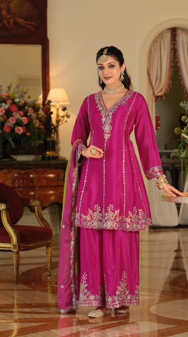 Dark Pink Chinon Embroidered Palazzo Suit (Free Size Stitched)