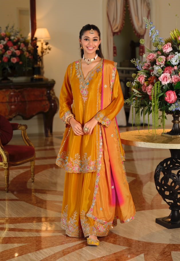 Orange Chinon Embroidered Palazzo Suit (Free Size Stitched)