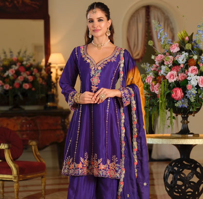 Purple Chinon Embroidered Palazzo Suit (Free Size Stitched)