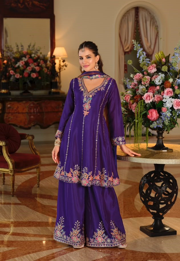 Purple Chinon Embroidered Palazzo Suit (Free Size Stitched)
